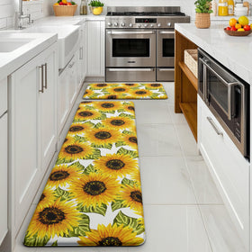 MAYHMYO Sunflower mat non-slip bottom keeps it secure on tile or wood floors.