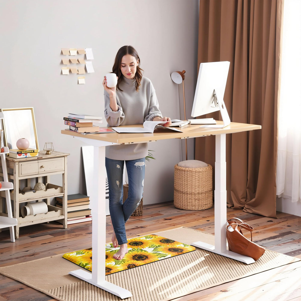 MAYHMYO Sunflower kitchen mat in office setting shows versatile decor and support.