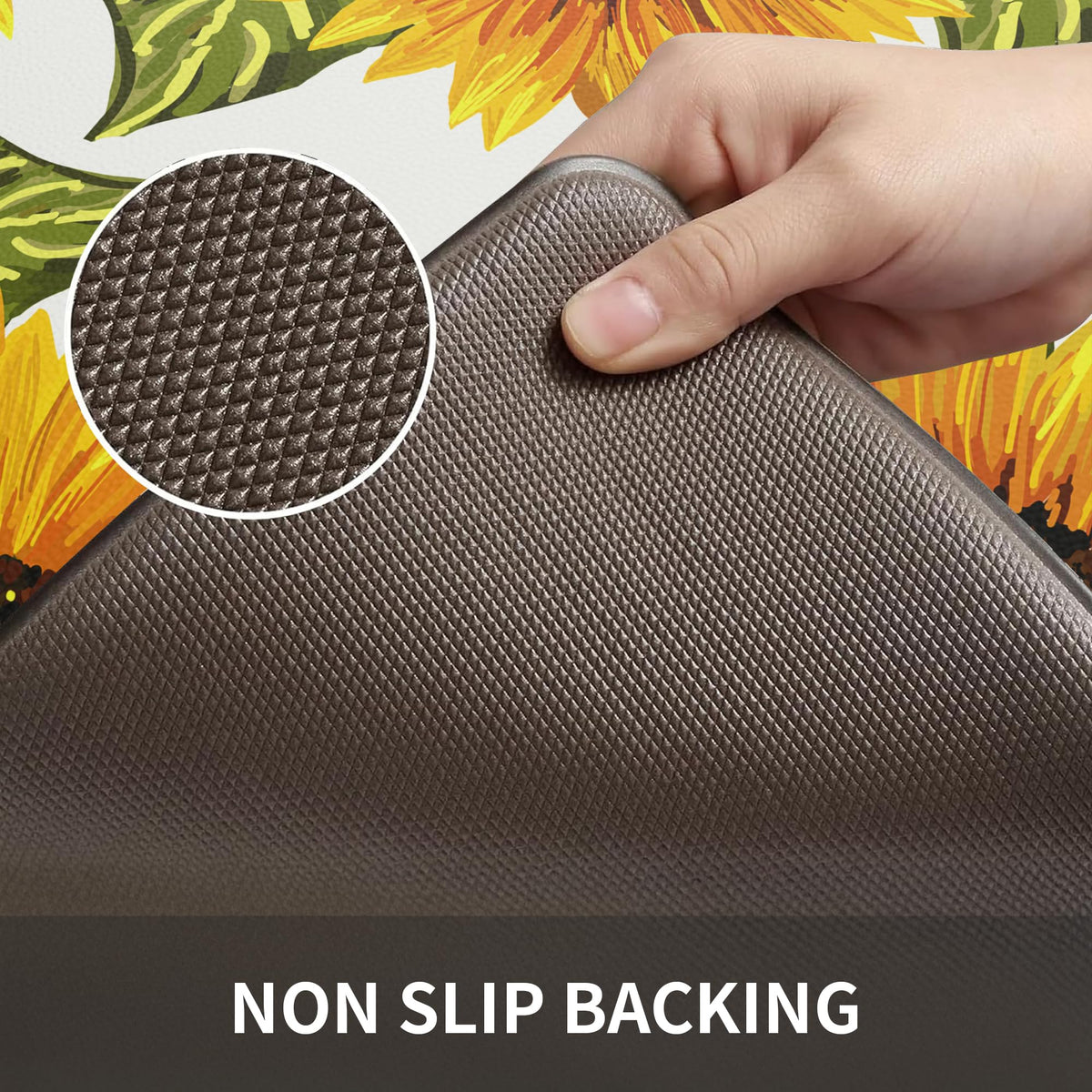 MAYHMYO Sunflower kitchen mat side view highlights slim profile on hard floors.