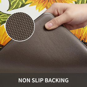 MAYHMYO Sunflower kitchen mat side view highlights slim profile on hard floors.