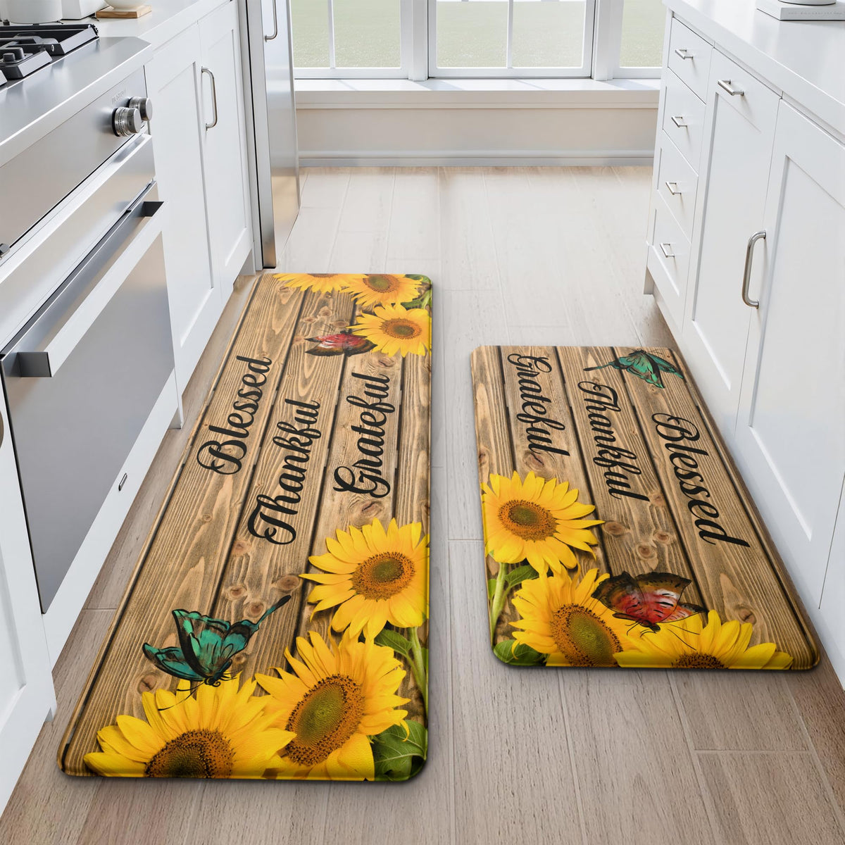 MAYHMYO Sunflower kitchen mat front view on wood grain, adds vibrant comfort underfoot
