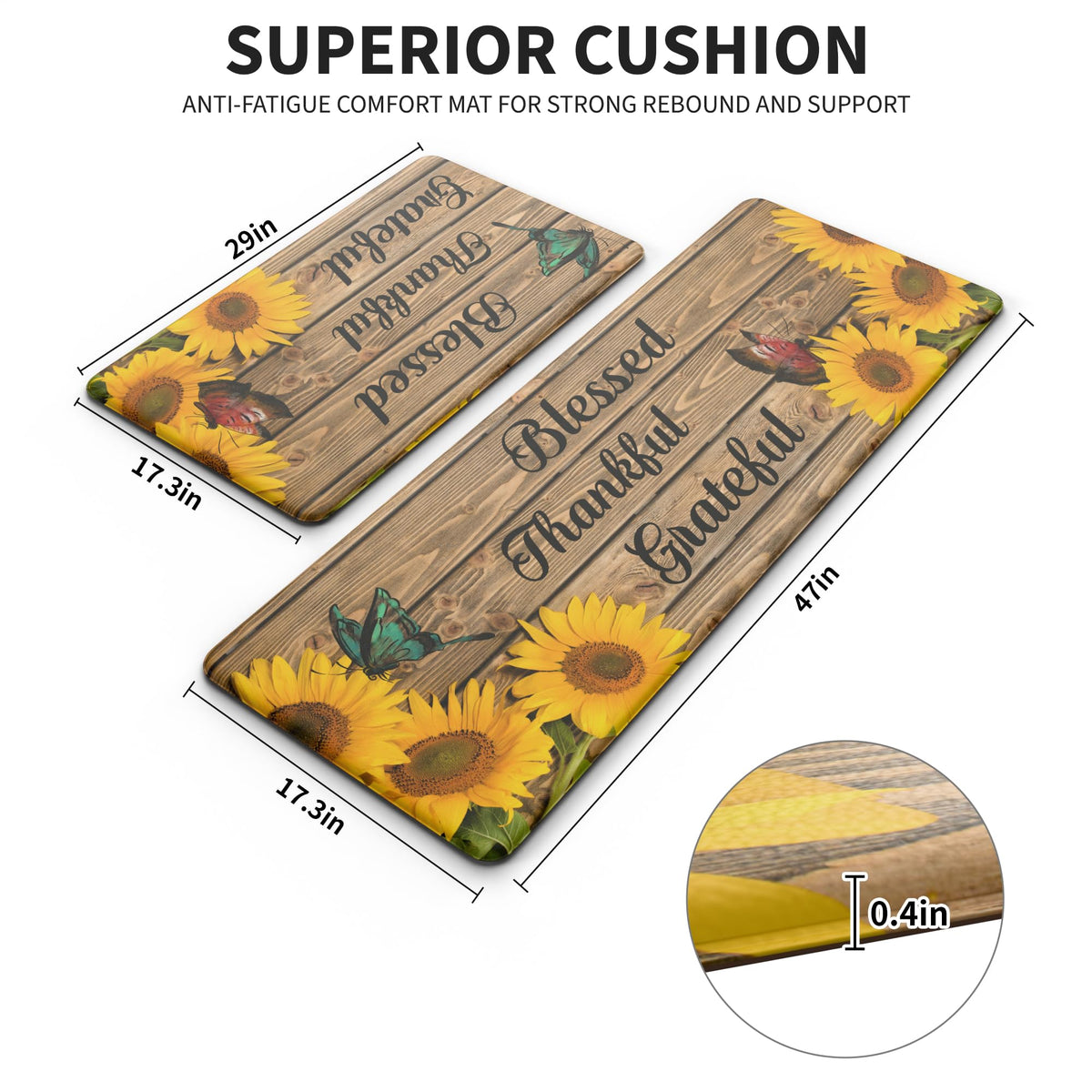 MAYHMYO Sunflower kitchen mat side view shows slim profile and durability