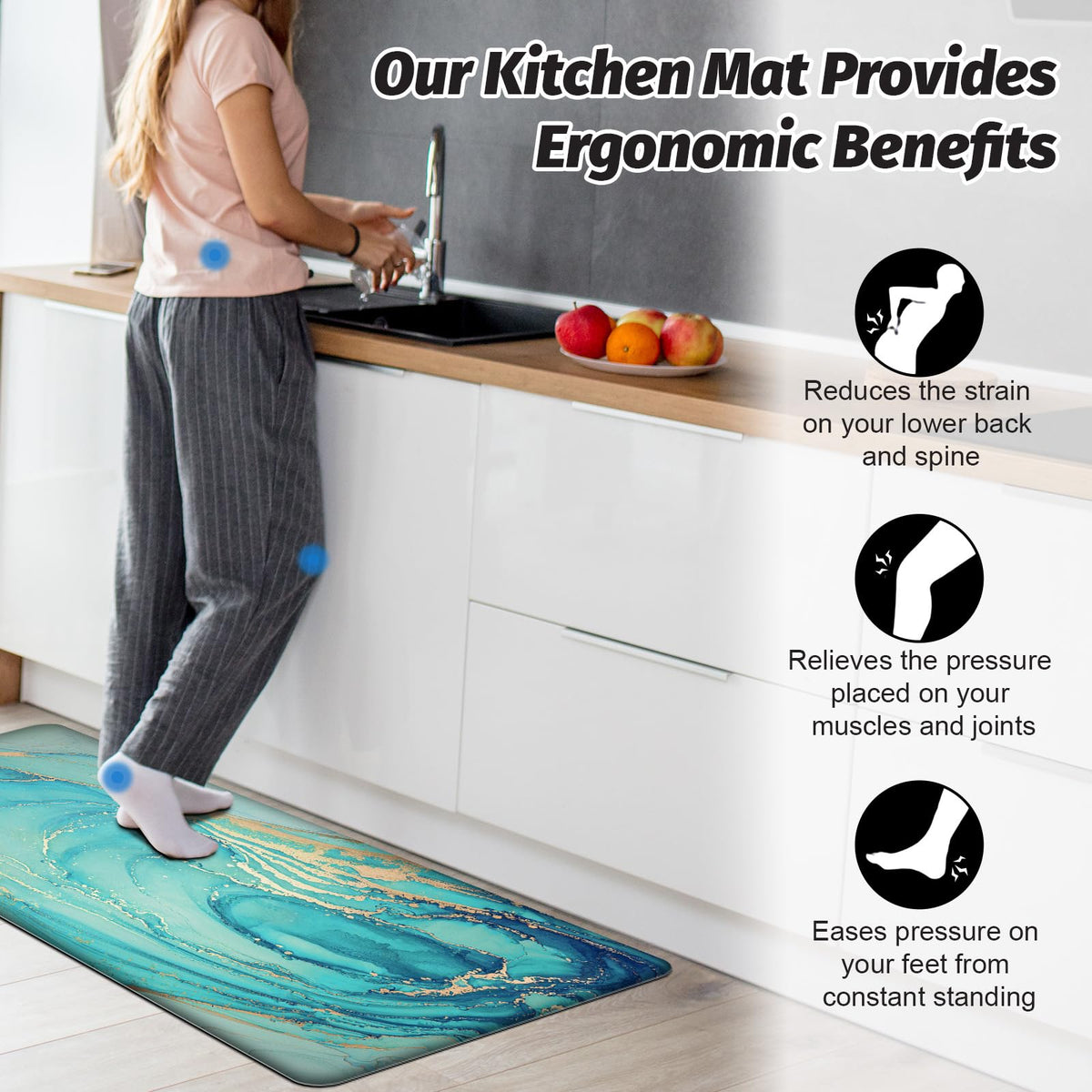 MAYHMYO two-piece teal marble mat set for kitchen and laundry