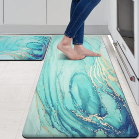 MAYHMYO teal marble kitchen mat close-up with cushioned comfort