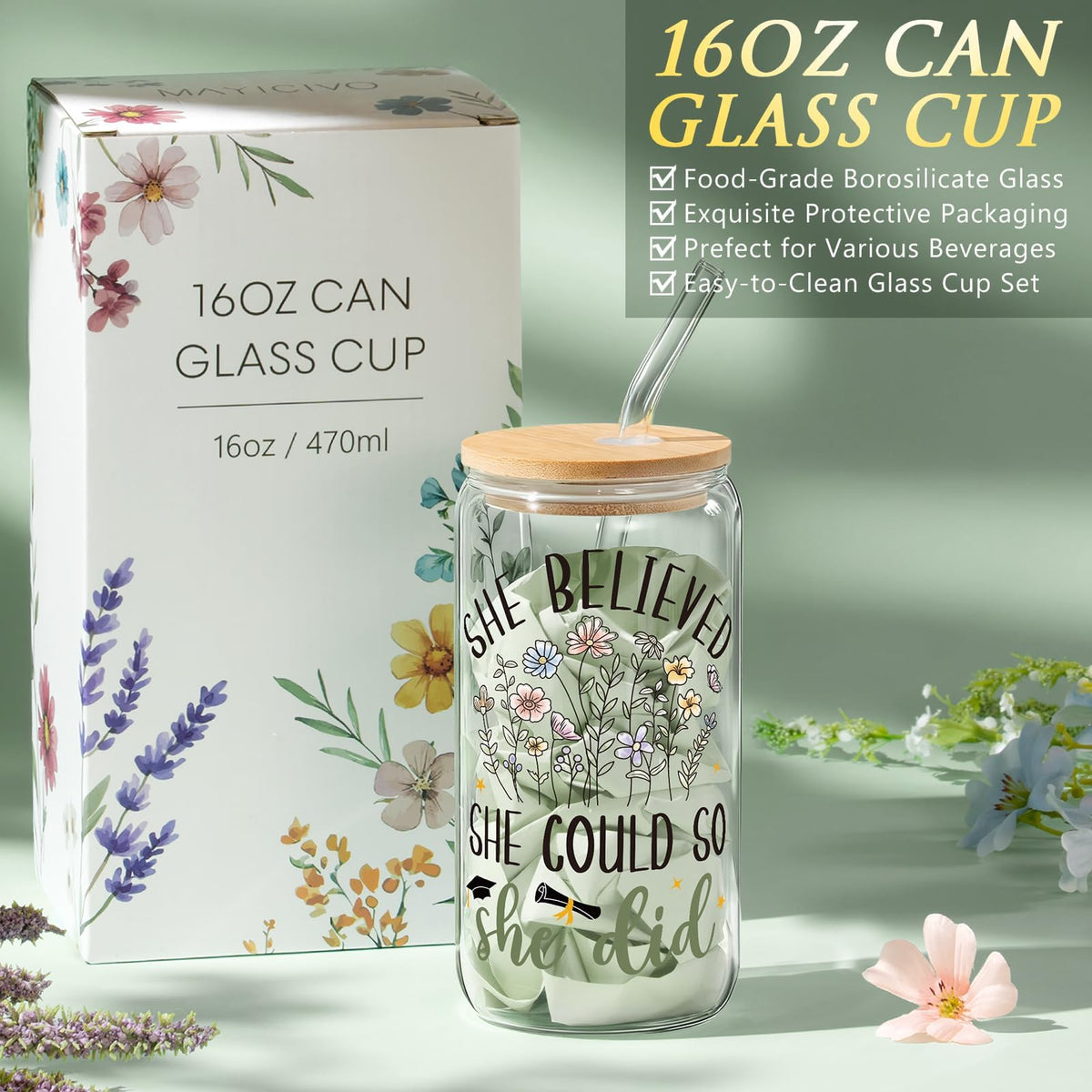 Mayicivo 16oz can glass cup with lid and straw for beverages.
