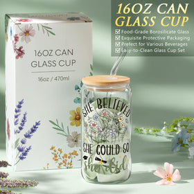 Mayicivo 16oz can glass cup with lid and straw for beverages.