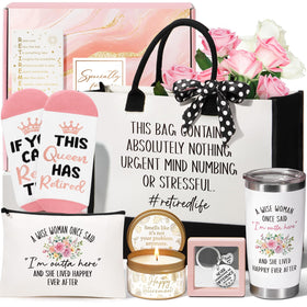 MAYICIVO retirement tote bag shown with other gifts, ideal for daily use and errands.