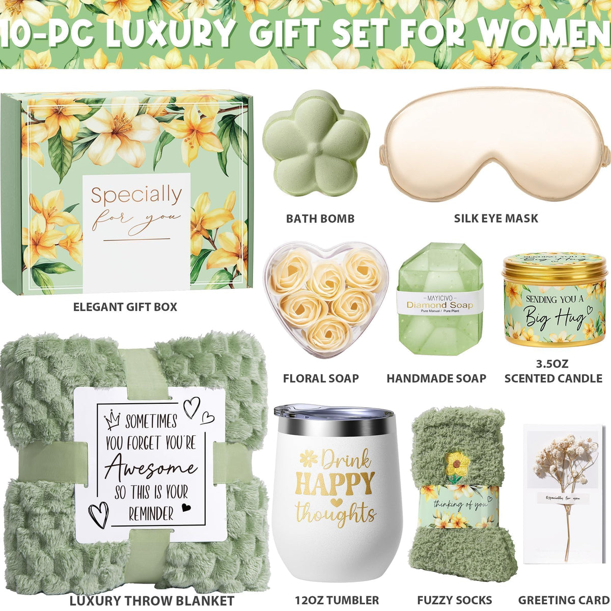 MAYICIVO self-care kit unwrapped, emphasizing luxurious textures for at-home pampering