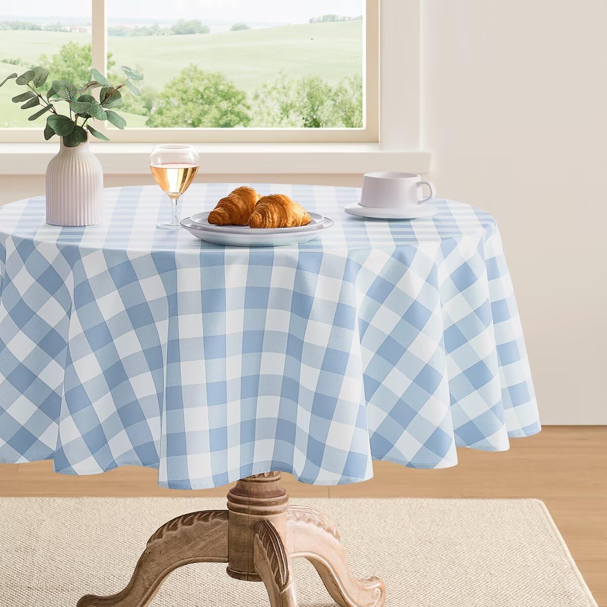 Maymiss checkered light-blue round tablecloth, soft fabric and classic gingham for casual dining.