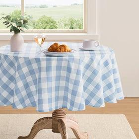 Maymiss checkered light-blue round tablecloth, soft fabric and classic gingham for casual dining.