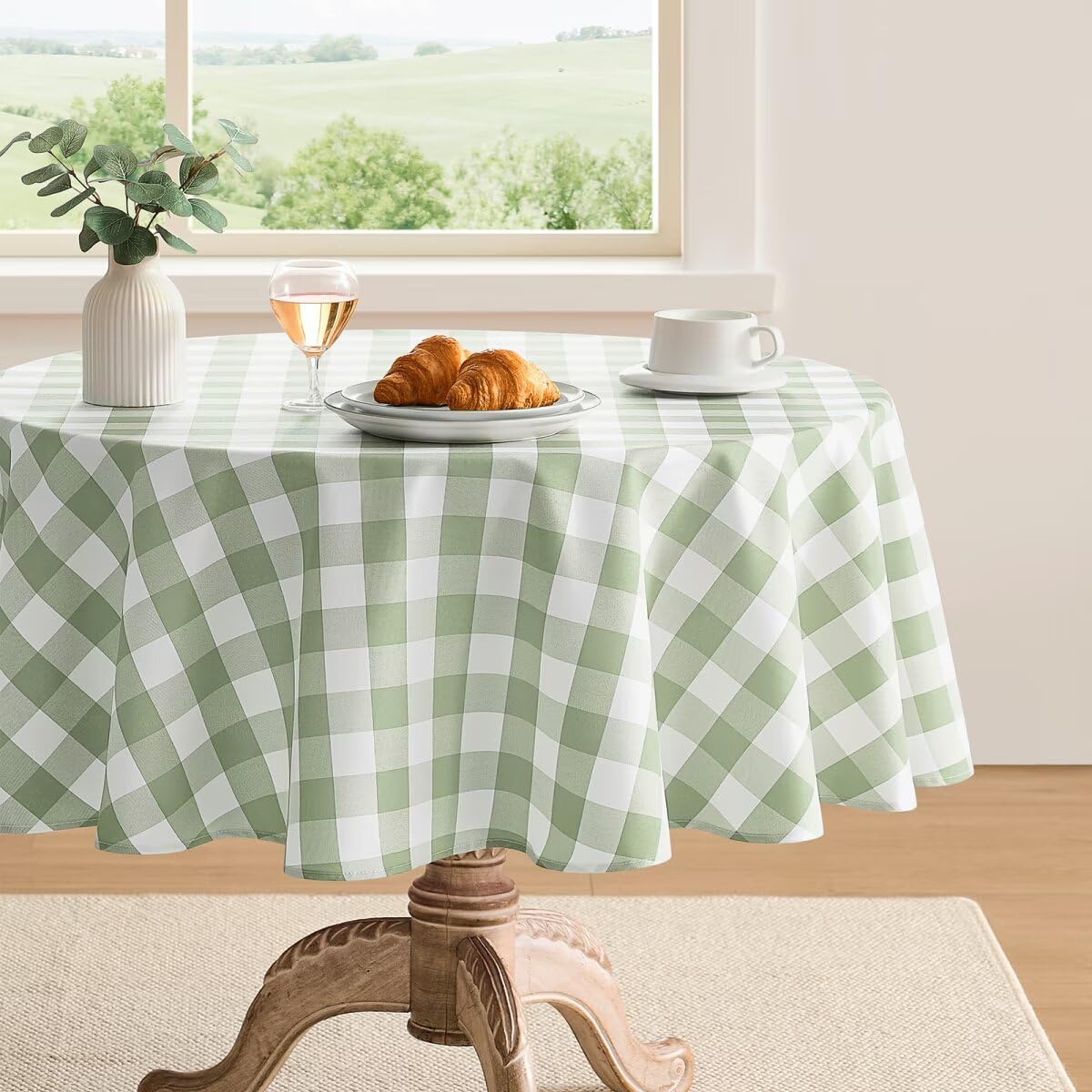 Maymiss checkered sage green round tablecloth enhances casual dining with buffalo plaid charm