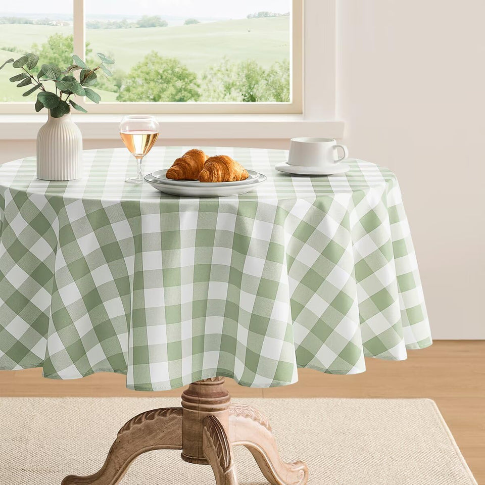 Maymiss checkered sage green round tablecloth enhances casual dining with buffalo plaid charm