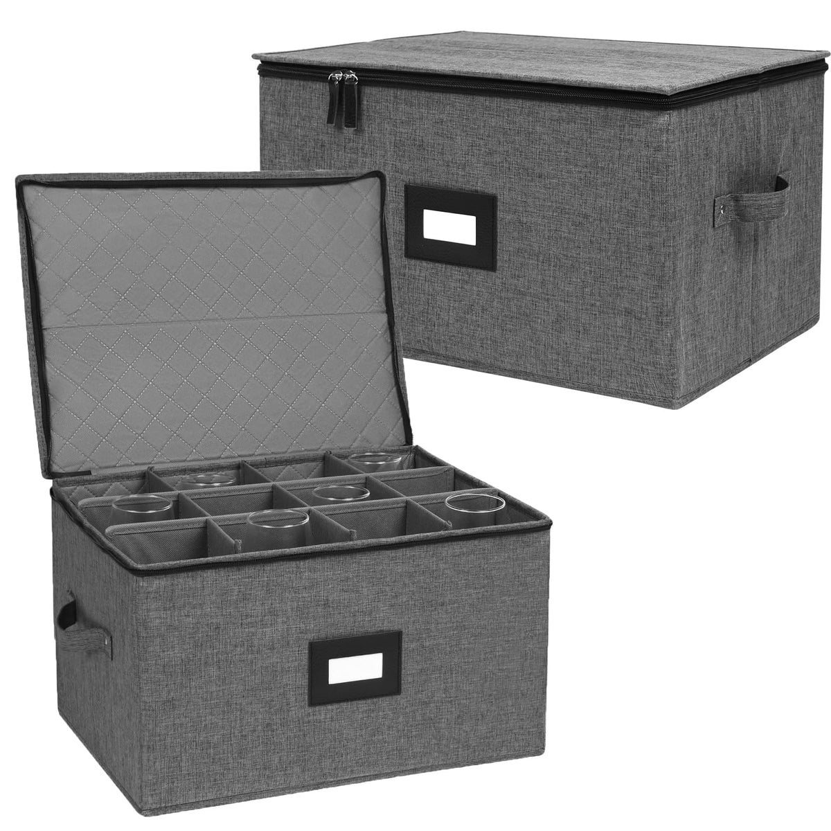 Mayniu wine glass storage box 2-pack front view, 12-compartment layout protects delicate stemware.
