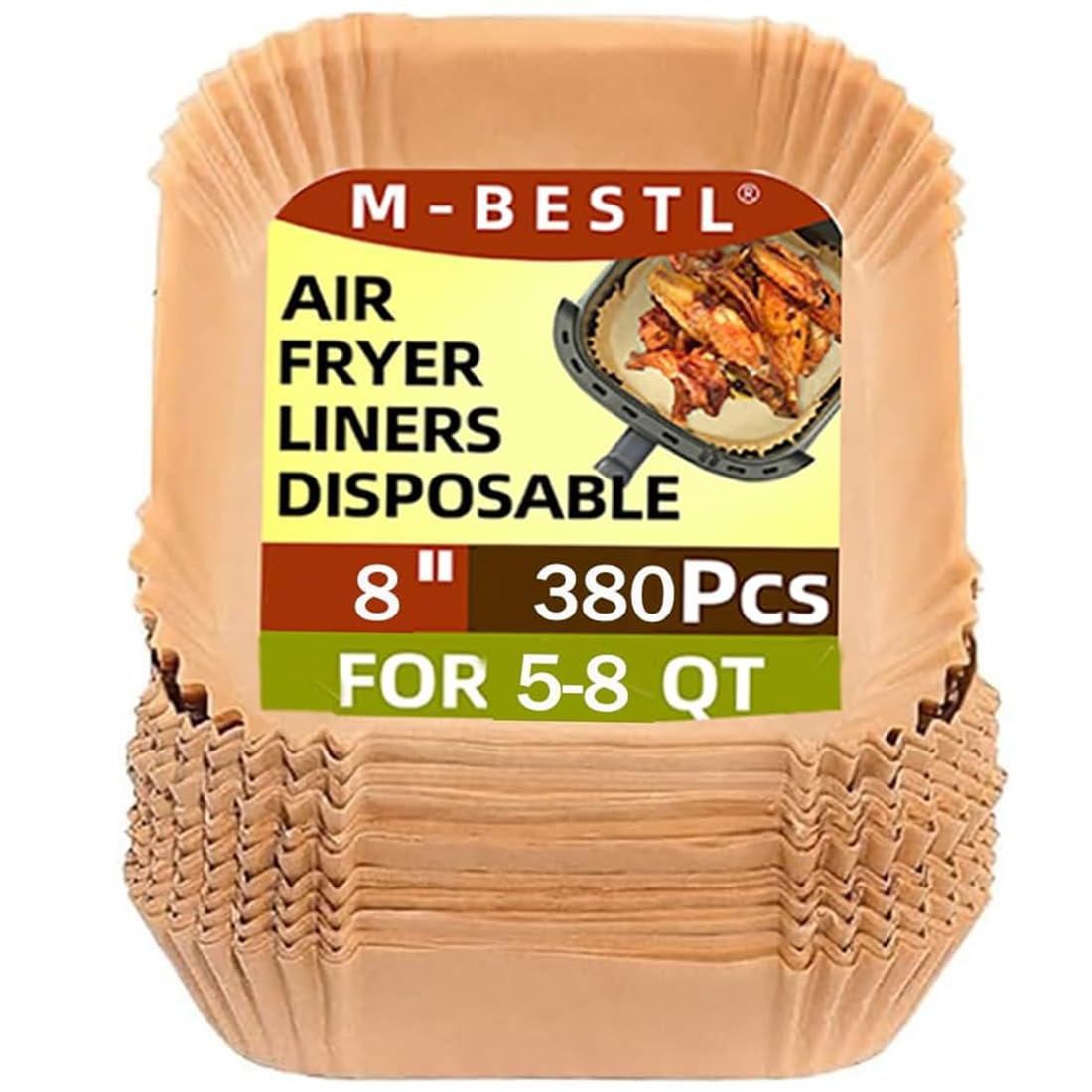 M-bestl 380pcs air fryer liners provide disposable convenience for quick cleanup after frying.