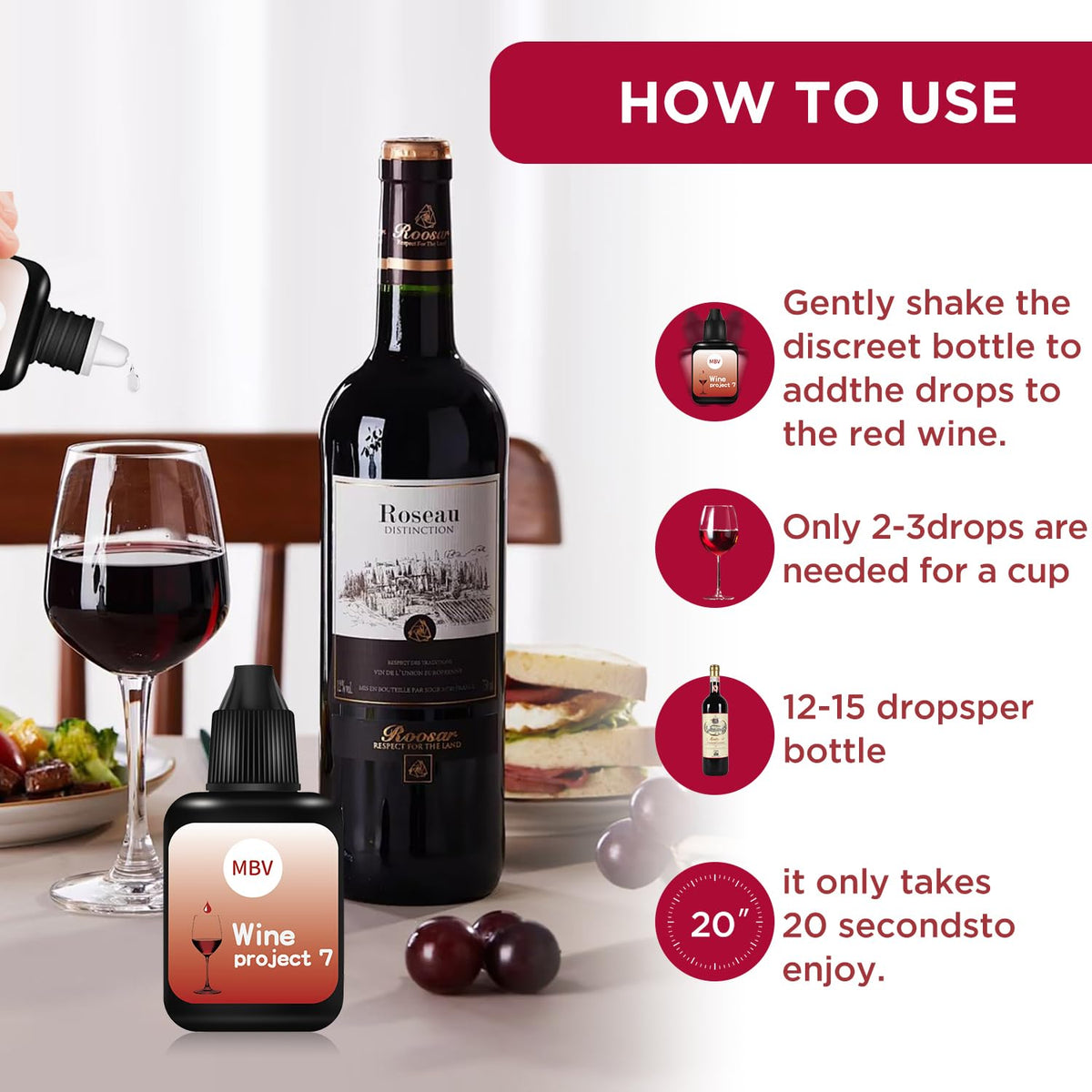 Close-up of MBV wine filter drops on bottle cap highlighting compact design.