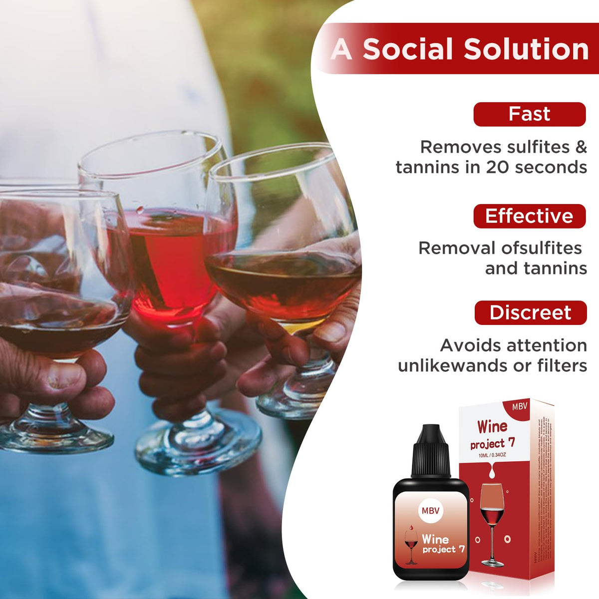 MBV wine filter drops 10 ml bottle emphasizing long-lasting use with wine.