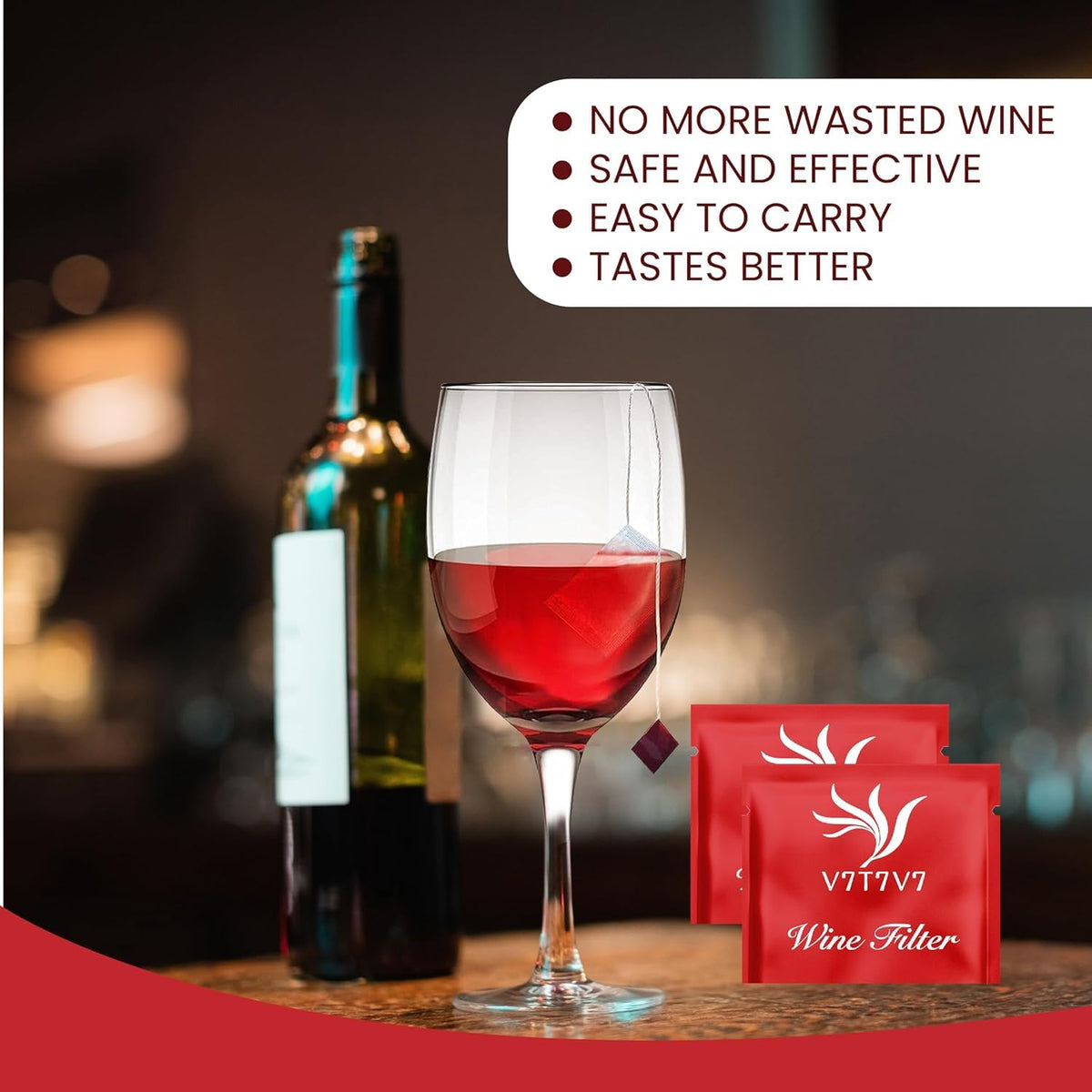MBV wine filters packaging highlights individually wrapped, easy-to-use filters