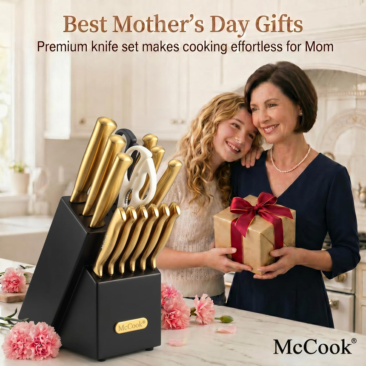 McCook 15-piece golden titanium knife set shines for durable slicing and rust resistance.