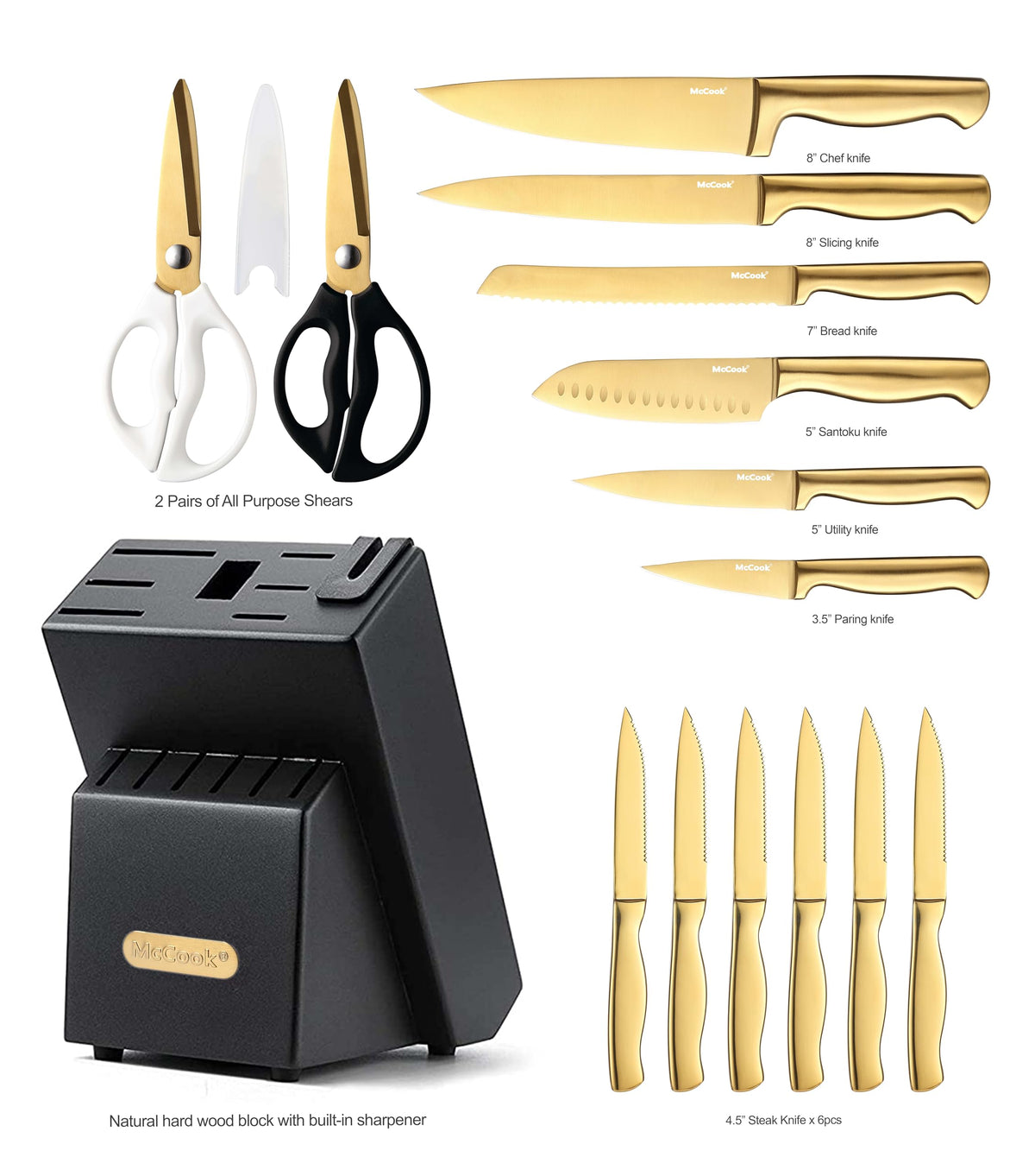 McCook 8-inch chef knife highlights sharp edge and smooth cutting performance.
