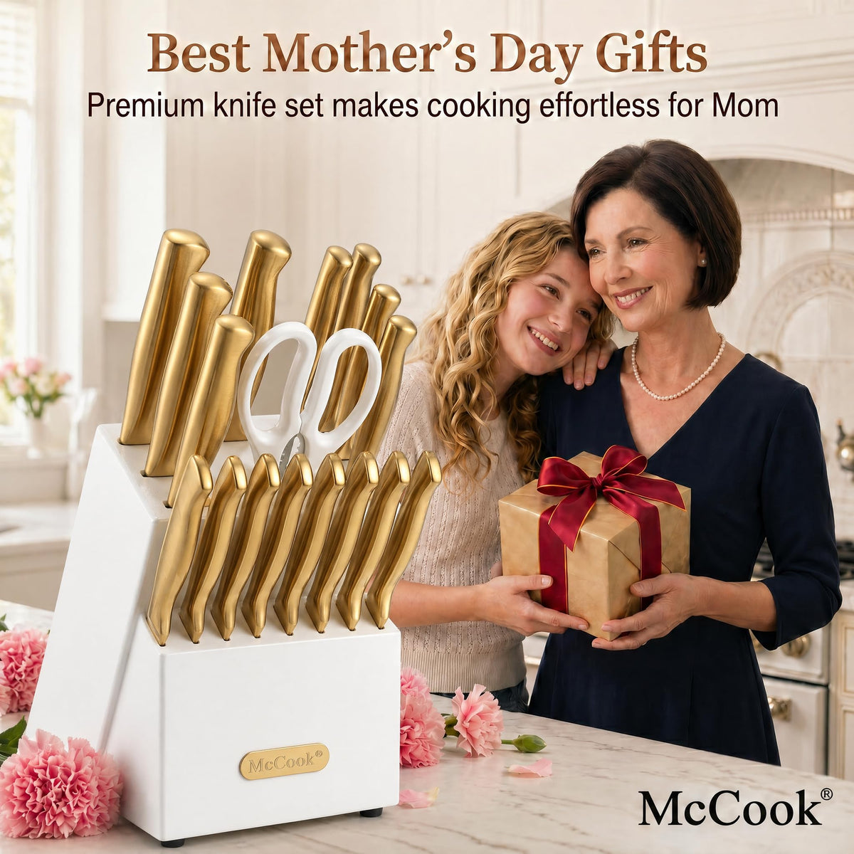 McCook 8-inch chef knife in golden titanium for versatile prep tasks