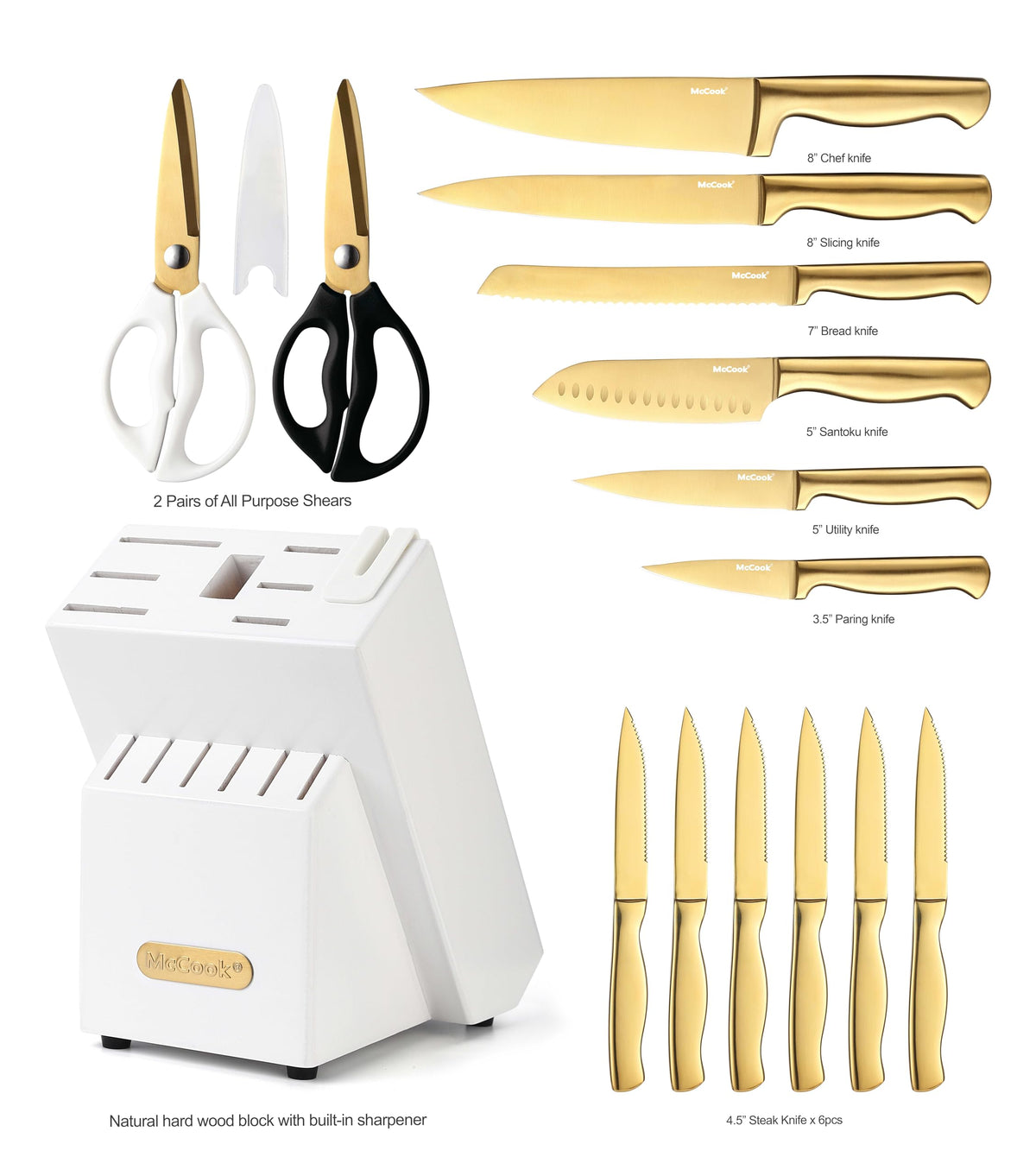 McCook 8in chef knife with golden titanium finish for versatile slicing.