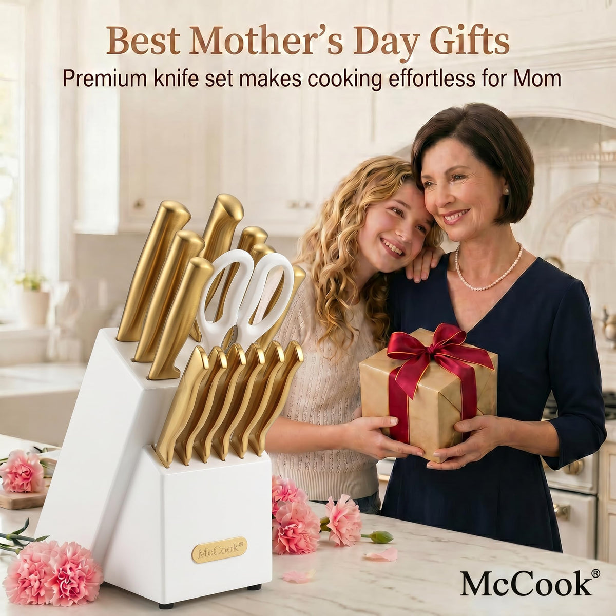 McCook built-in sharpener block keeps blades razor sharp for quick meal prep.