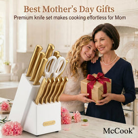 McCook built-in sharpener block keeps blades razor sharp for quick meal prep.