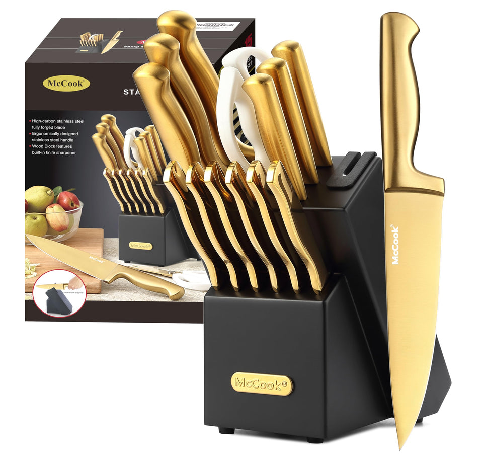 McCook block with built-in sharpener showcases easy maintenance for home cooks.