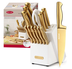 McCook golden-titanium knife set in block highlights durable precision for everyday cooking.