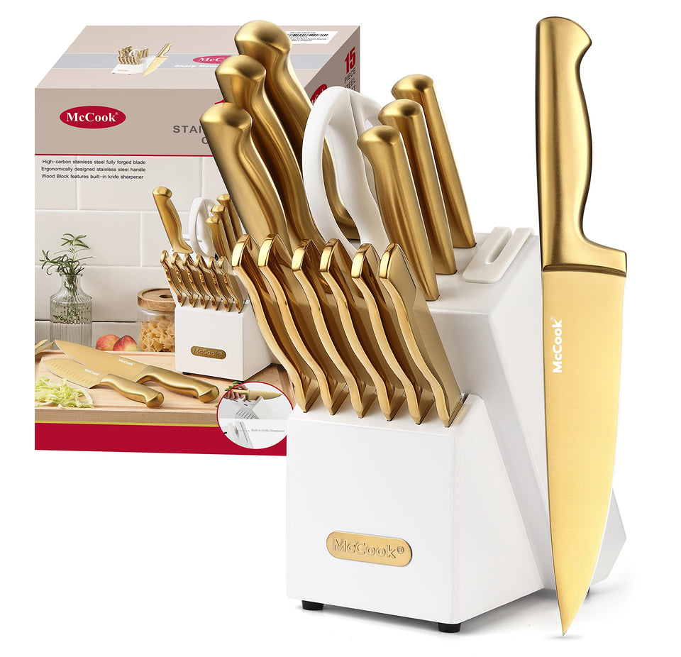 McCook golden-titanium knife set in block highlights durable precision for everyday cooking.