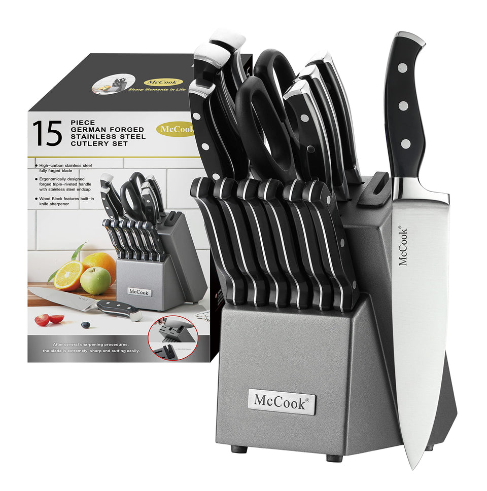 McCook knife block with built in sharpener keeps blades sharp for daily prep.