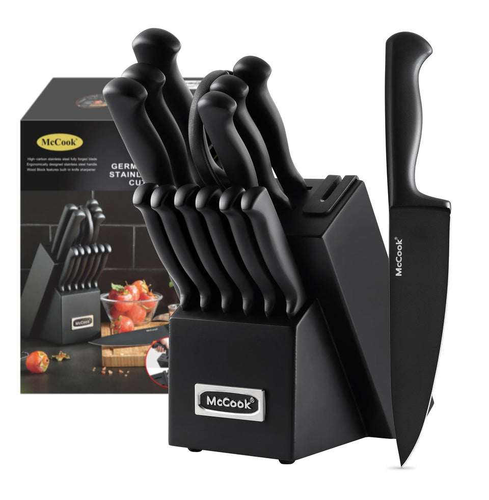 McCook 15-piece black knife set for everyday slicing and versatile prep.