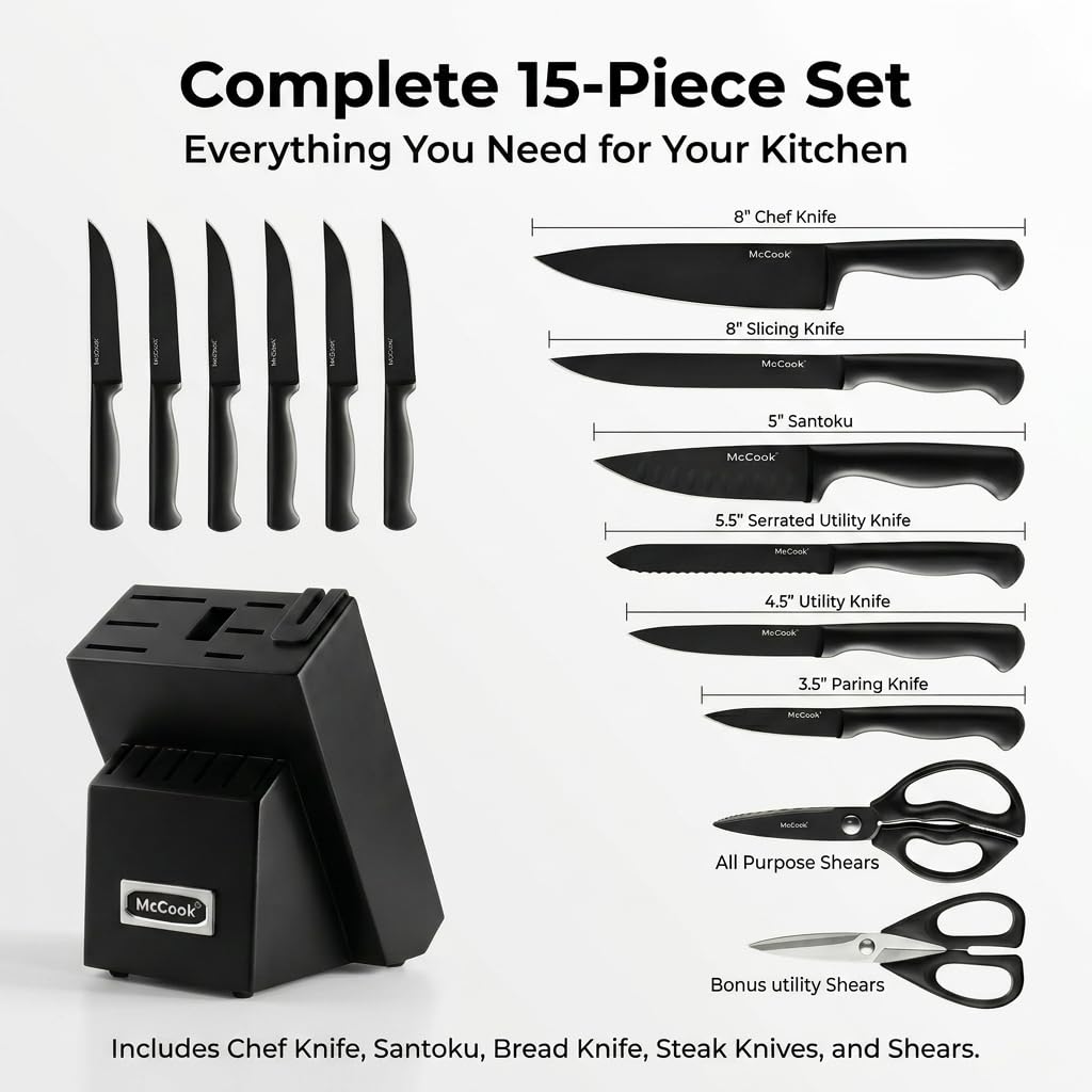 McCook 8-inch chef knife close-up for precision slicing and balanced handling.