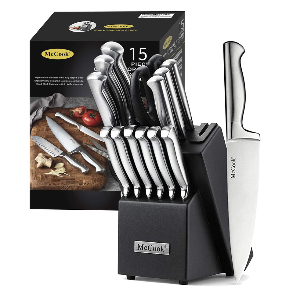 McCook knife set with German stainless blades displayed in a wooden block for durable everyday use