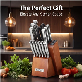 McCook rubberwood block with built‑in sharpener saves space and protects edges.