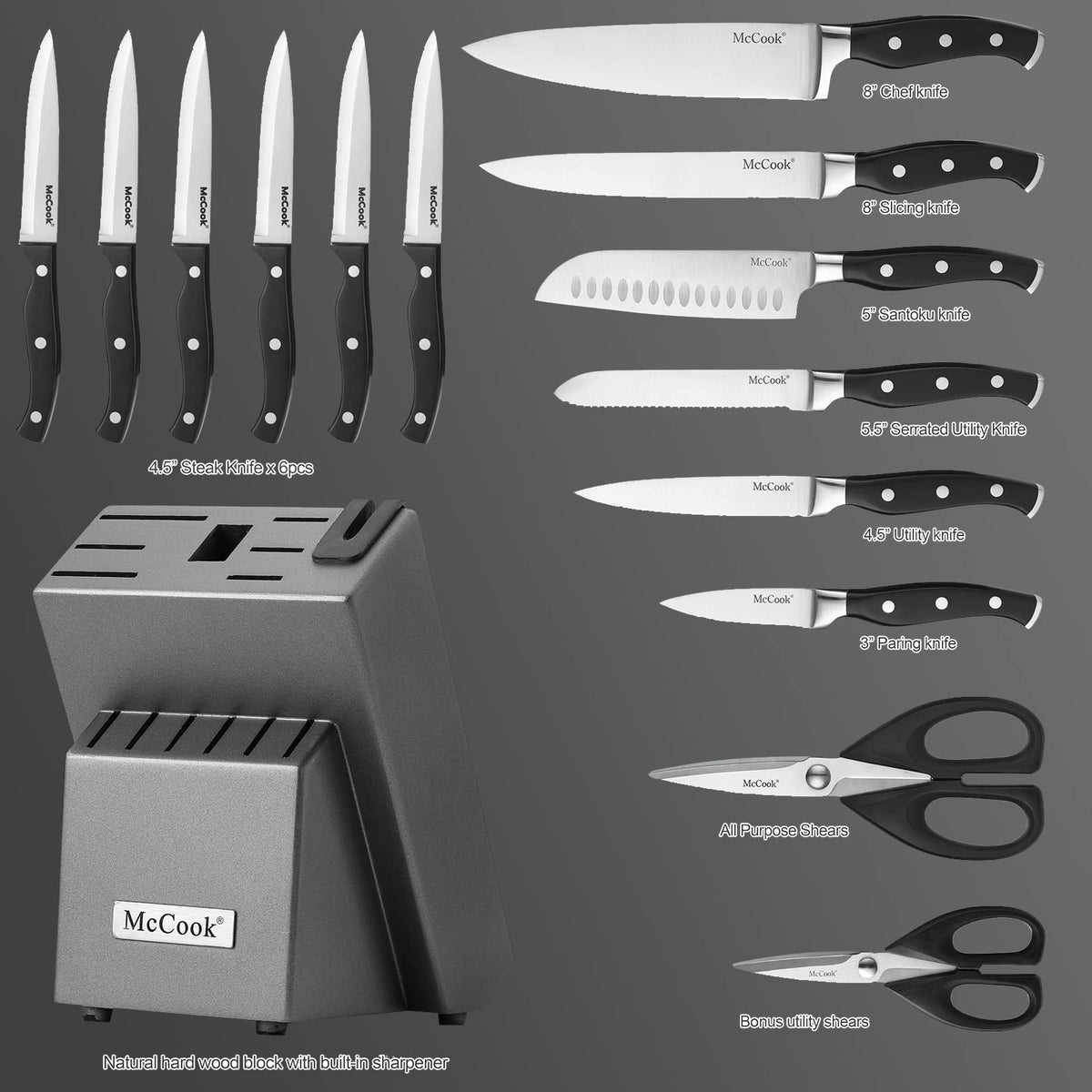 McCook 6 pack serrated steak knives for clean carving.