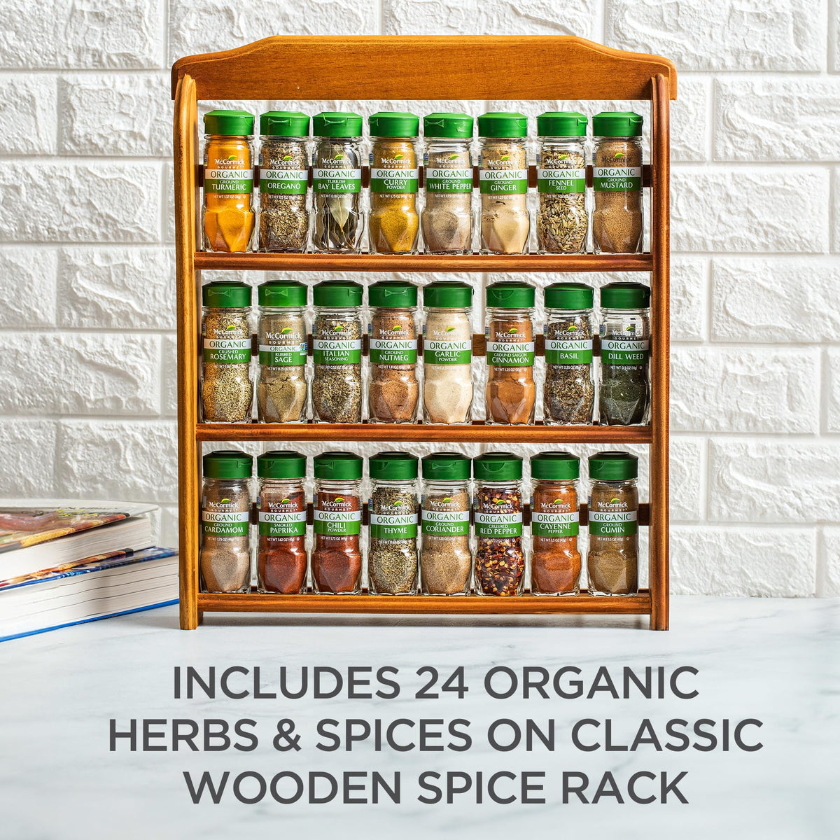 McCormick Gourmet organic spices neatly displayed in the rack.