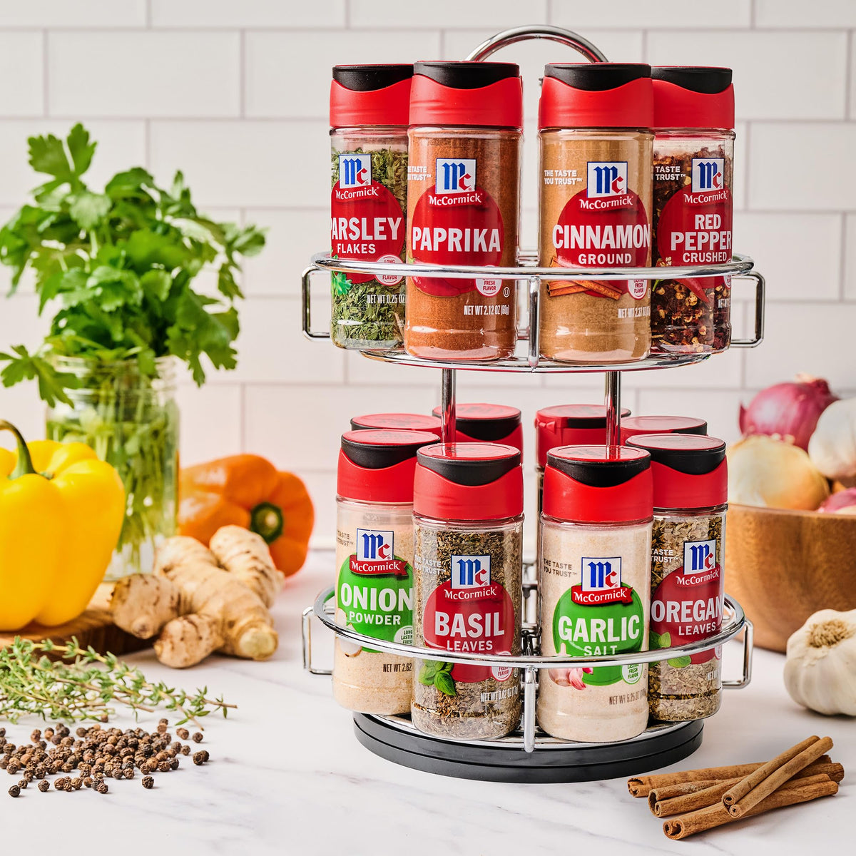 Spice rack near grill and oven for versatile cooking using McCormick flavors