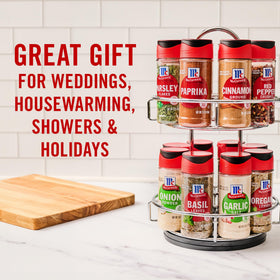 Kitchen counter setup with McCormick spice rack organized for workflow