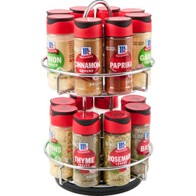 McCormick two-tier chrome spice rack front view with organized spices for easy access