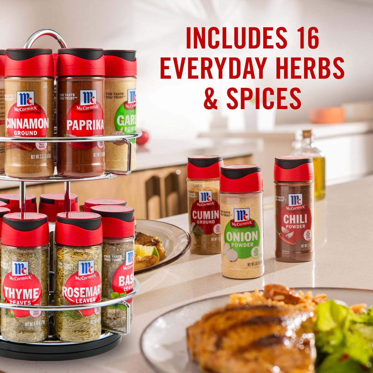 Close-up of rotating feature on McCormick spice rack showing quick access