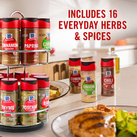 Close-up of rotating feature on McCormick spice rack showing quick access