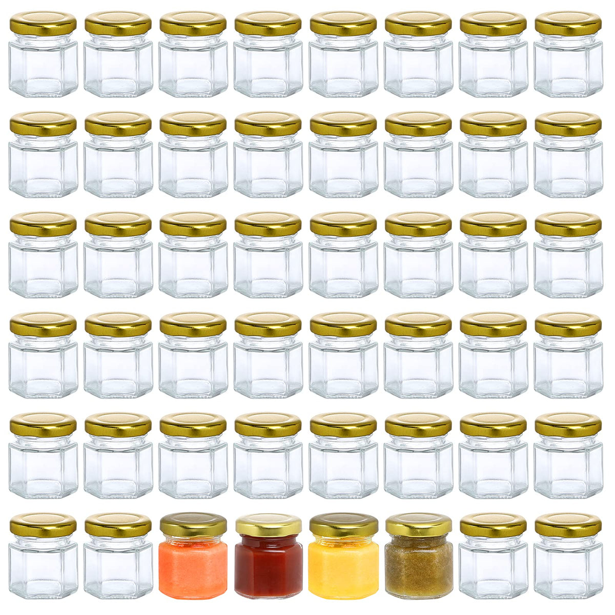 McUpper 48-pack hexagon glass jars with gold lids for kitchen storage.