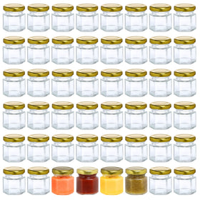 McUpper 48-pack hexagon glass jars with gold lids for kitchen storage.