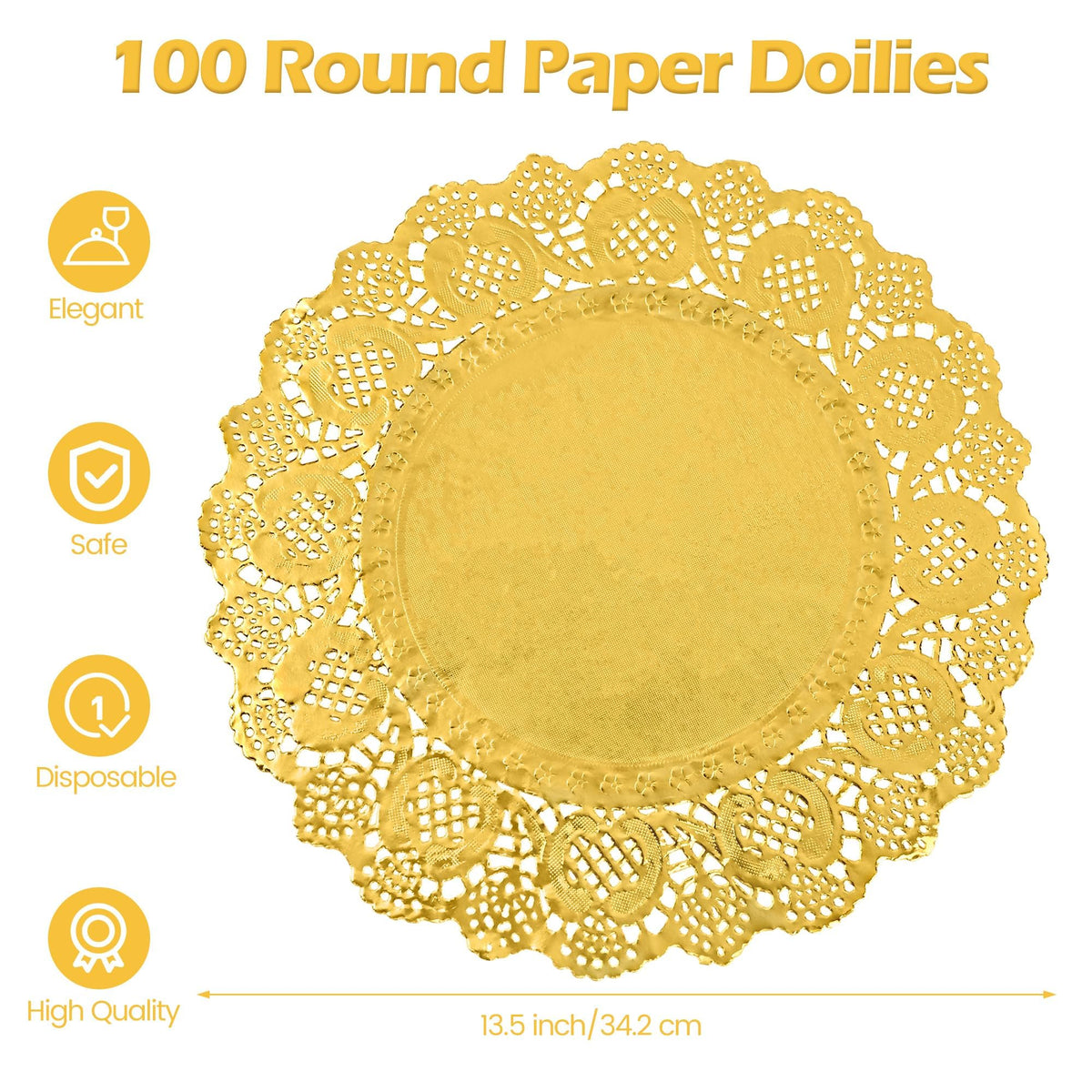 MCEAST 100-pack gold doilies provide disposable elegance for parties and events.