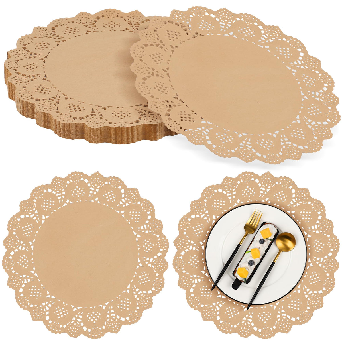 MCEAST round brown kraft doilies with lace edge for upscale table settings