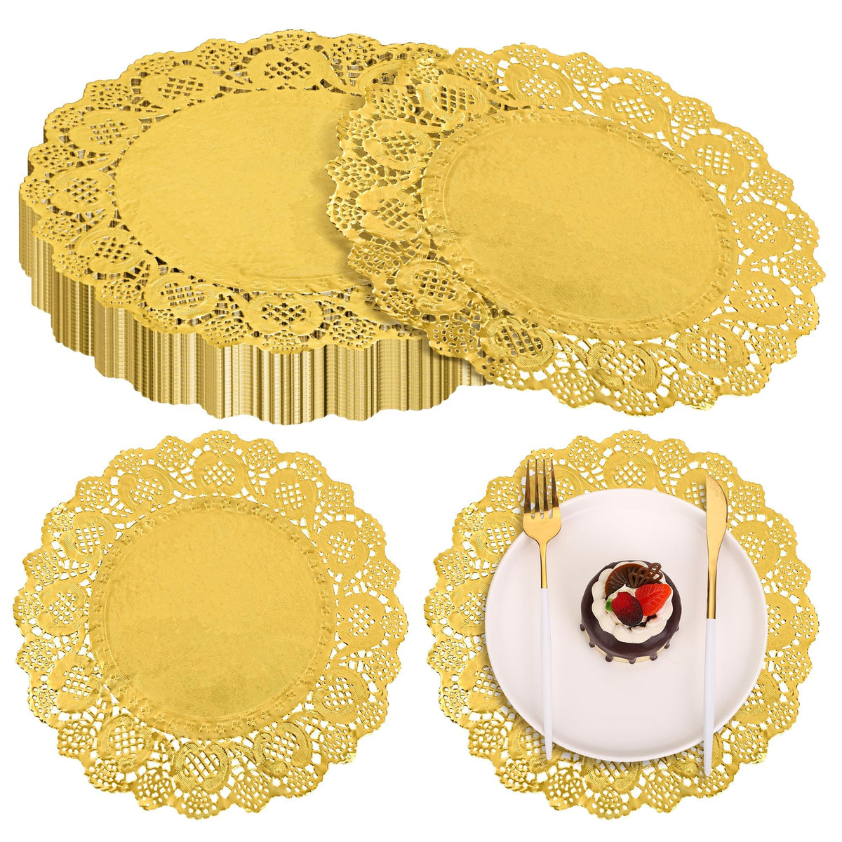 MCEAST round gold doilies with lace edge to elevate desserts and table aesthetics.
