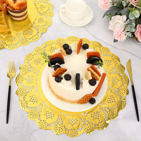 MCEAST wedding tableware featuring gold doilies for sophisticated decor.