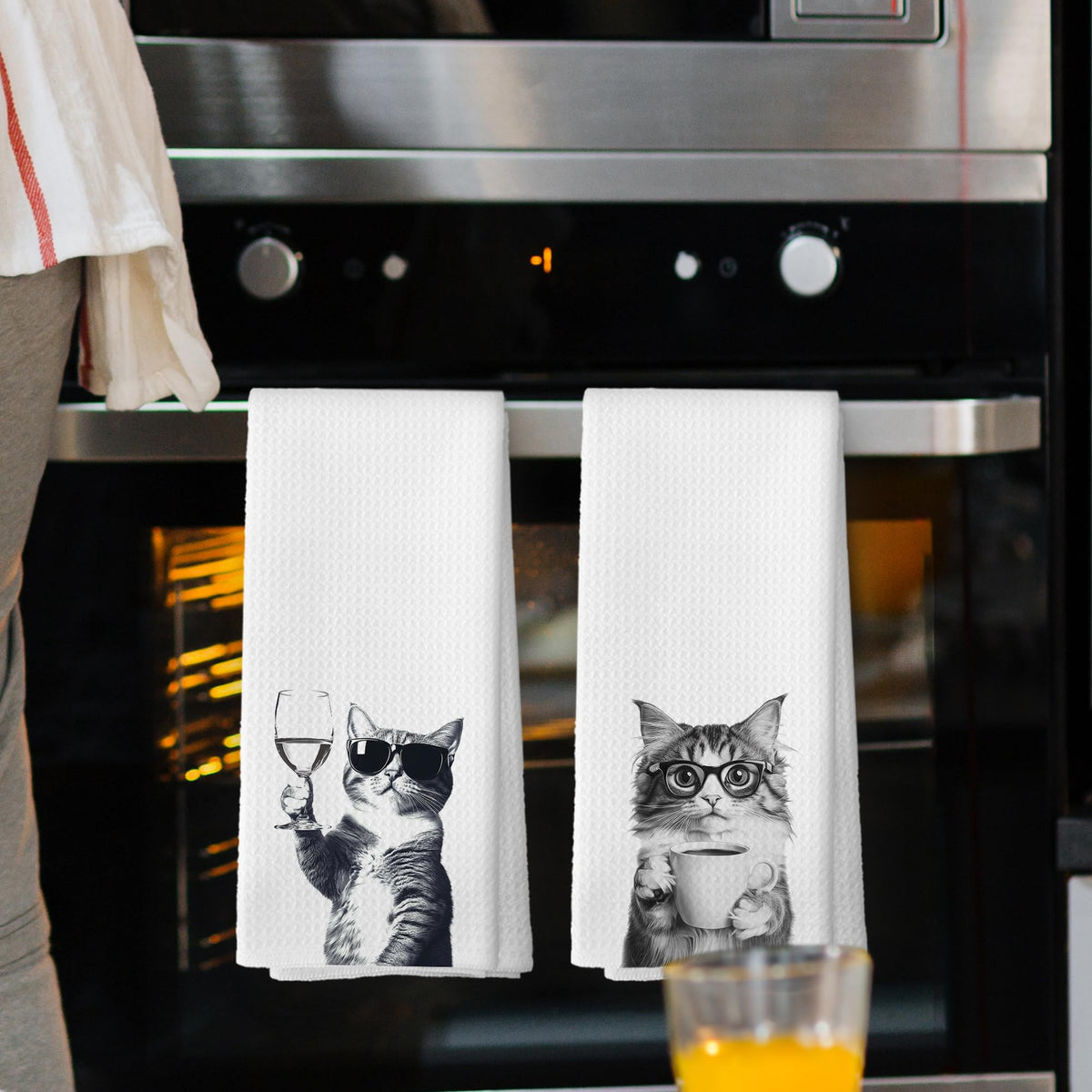Mcehtle cat-pattern waffle towels closeup showing absorbent texture and charm.