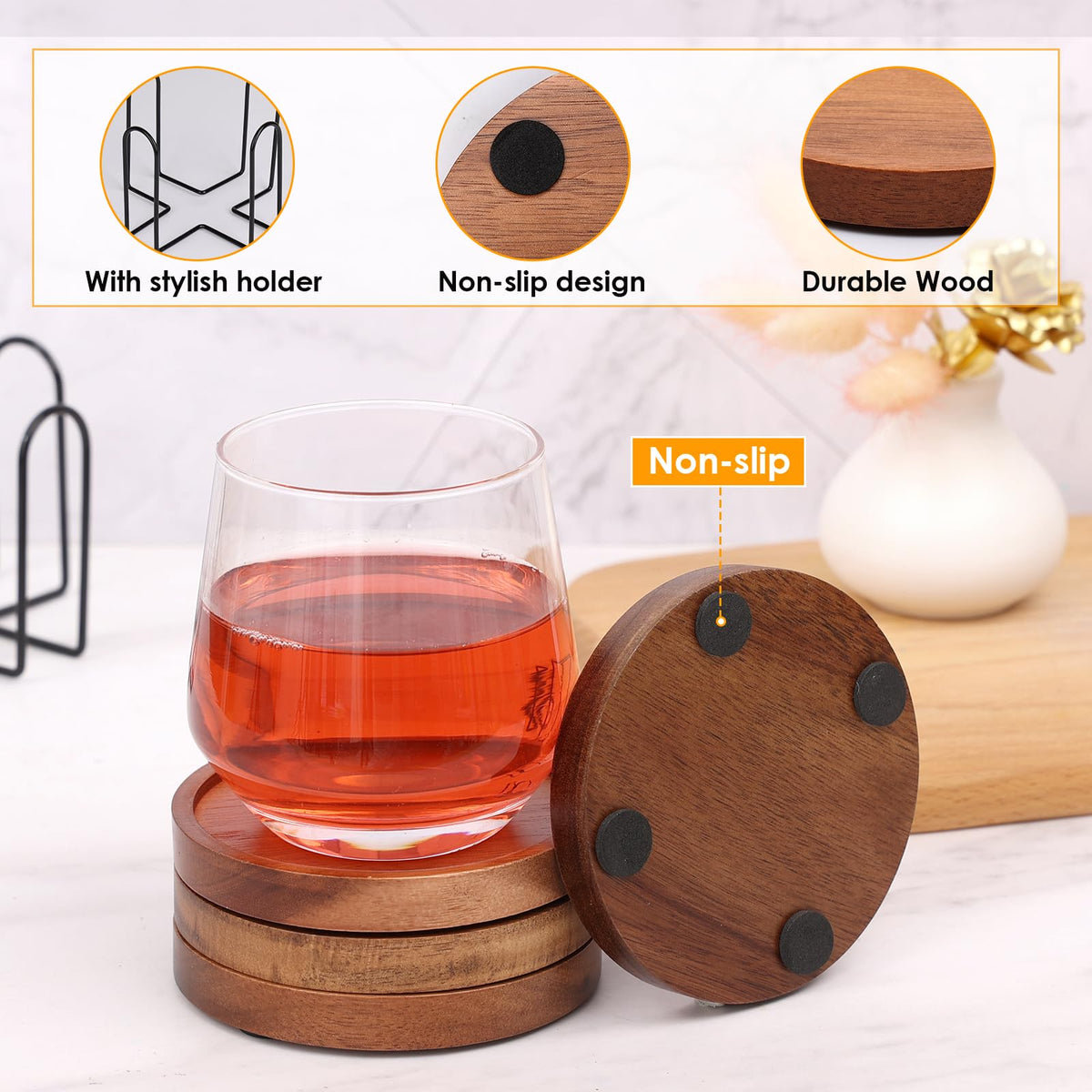 Mckanti wood coaster close-up shows smooth grain and durability.
